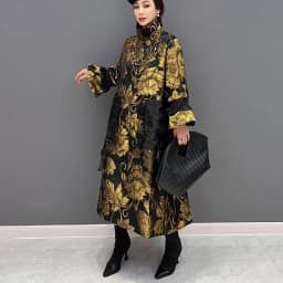 Gold Flowers Jacquard New Korean Style Woman Winter Loose Fit Chic Dress Big Size Turtleneck Girls Unique Casual Robe JJXD679