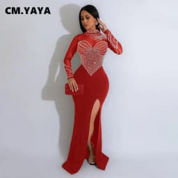 CM.YAYA Women Long Sleeve Diamonds Hot Rhinestones High Side Split Mermaid Midi Maxi Dress 2024 Even Sexy Party Dresses Vestidos