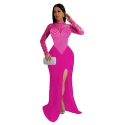 CM.YAYA Women Long Sleeve Diamonds Hot Rhinestones High Side Split Mermaid Midi Maxi Dress 2024 Even Sexy Party Dresses Vestidos