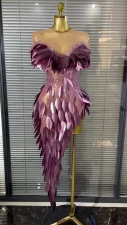 Purple Color Women Sexy 3D Acrylic Leaves Mesh High Stretch Bodycon Long Dress Evening Party Celebrate Birthday Photoshoot Wear