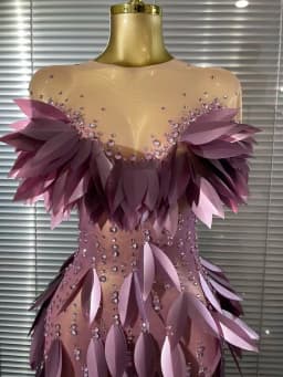 Purple Color Women Sexy 3D Acrylic Leaves Mesh High Stretch Bodycon Long Dress Evening Party Celebrate Birthday Photoshoot Wear
