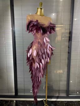 Purple Color Women Sexy 3D Acrylic Leaves Mesh High Stretch Bodycon Long Dress Evening Party Celebrate Birthday Photoshoot Wear