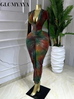 GLCMYAYA Women Printed V-neck Ruched Bodycon Midi Maxi Long Dress 2026 Vacation Birthday Holiday Party Trendy Dresses Vestidos