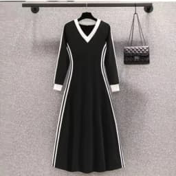 Women Autumn Midi Dresses New Black Vintage Ins Simple Y2K V-neck Korean Preppy Style Elastic Long Sleeved A-Line Sports Dress
