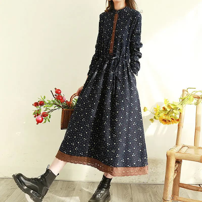 Spring Floral Print Maxi Dr Women's Clothing Vintage Forest System Cut Label Large Swing Dr Long Sve round Ne A-Li...
