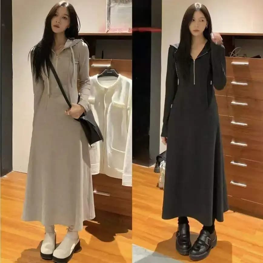 Bla Long Sve High Waist Slimming Long Dr Hoodie Women's Spring Autumn High Neline Single Piece Polyester Fiber