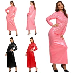 Women's Sexy Glossy Vinyl Metallic Dress Turtleneck Long Sleeve Shiny Clubwear for Rave Party Music Festival Night Out