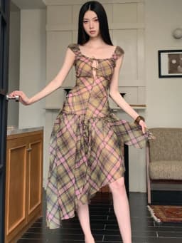 Summer Plaid Chiffon Chic Backless Sexy Sling Dress Women Elegant Bandage Casual Dress 2026 Korean Bodycon Luxury Evening Dress