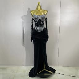 Luxury Sparkly Rhinestones Mesh Sexy Split Velvet Long Dress With Gloves Birthday Celebrate Wedding Gown Stage Photo Shoot Wear