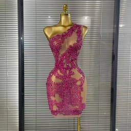 Shining Rosered Crystal Women Sexy One Shoulder Mesh See Through Bodycon Mini Dress Bar Singer Celebrate Performance Costumes