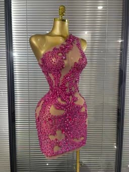 Shining Rosered Crystal Women Sexy One Shoulder Mesh See Through Bodycon Mini Dress Bar Singer Celebrate Performance Costumes