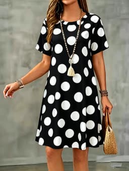 New Summer Women Dress Polka Dots Print Short Sleeve O-Neck  A-Line Dress Casual Loose Beach Sundress