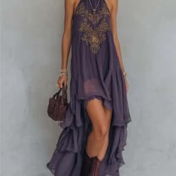 2026 new summer Fashionable Dress European and American Style Purple casual elegant Turtleneck Sleeveless Ruffled Long Dress