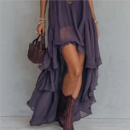 2026 new summer Fashionable Dress European and American Style Purple casual elegant Turtleneck Sleeveless Ruffled Long Dress