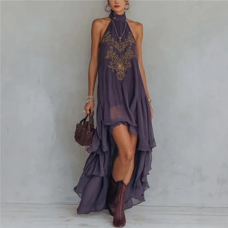 2026 new summer Fashionable Dress European and American Style Purple casual elegant Turtleneck Sleeveless Ruffled Long Dress