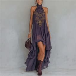 2026 new summer Fashionable Dress European and American Style Purple casual elegant Turtleneck Sleeveless Ruffled Long Dress