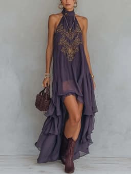 2026 new summer Fashionable Dress European and American Style Purple casual elegant Turtleneck Sleeveless Ruffled Long Dress