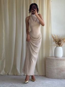  Elegant Rhinestone Halter Long Dress Women Boning Sleeveless Backless Draped Bodycon Dresses 20026 New Lady Evening Party Gown