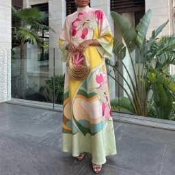 Elegant Multi Color Floral Satin Long Dress Women Stand Neck Bell Sleeve Loose Fit Maxi Dress Resort Wedding Evening Party Dress