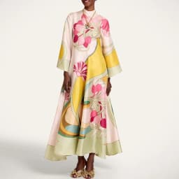 Elegant Multi Color Floral Satin Long Dress Women Stand Neck Bell Sleeve Loose Fit Maxi Dress Resort Wedding Evening Party Dress