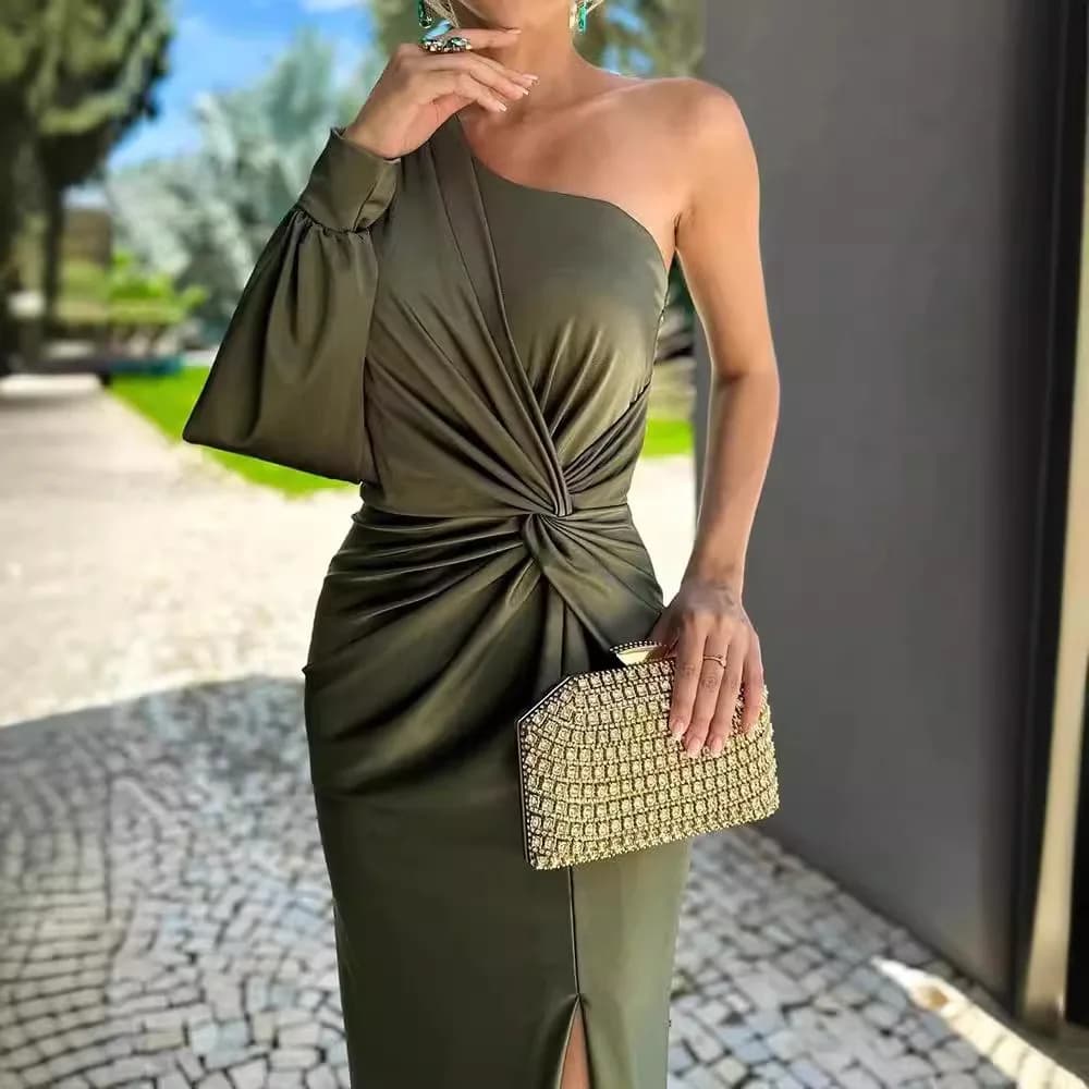 Women's Sexy Draped Patchwork Long Sleeve Party Dress Spring Summer New Skew Collar Fashion Maxi Dress One Shoulder Ladies Dress