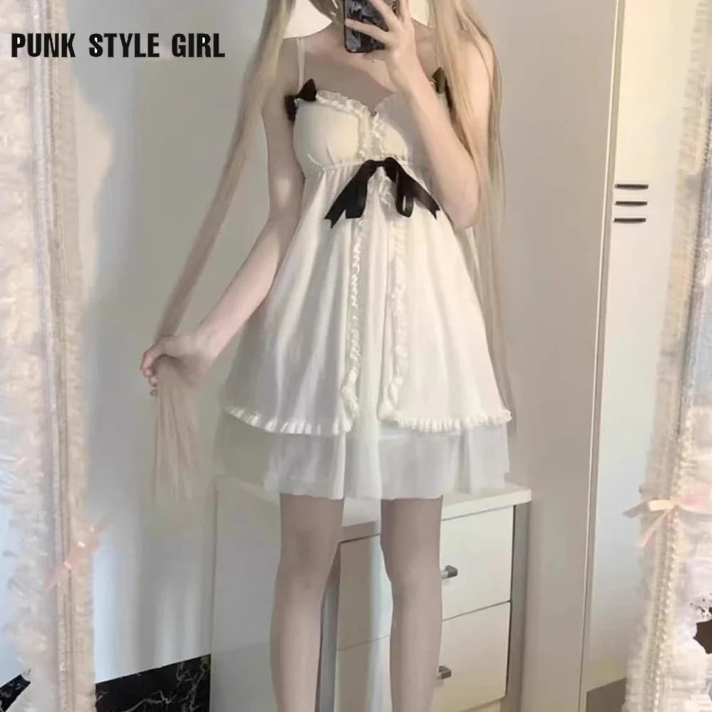 White Sweet Anime Cosplay Costume Girl Sweet Lolita Dress Sling Sexy Kawaii Japanese Pajamas Summer Nightgown Ruffle Nightwear