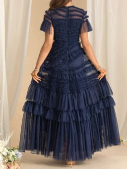 QMQA Fashion Women's Elegant Evening Dresses Round Neck Short Sleeve Spliced Ruffles Big Swing Banquet Dress 2026 New QM1138