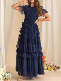 QMQA Fashion Women's Elegant Evening Dresses Round Neck Short Sleeve Spliced Ruffles Big Swing Banquet Dress 2026 New QM1138