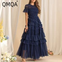 QMQA Fashion Women's Elegant Evening Dresses Round Neck Short Sleeve Spliced Ruffles Big Swing Banquet Dress 2026 New QM1138