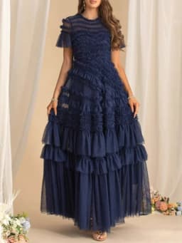 QMQA Fashion Women's Elegant Evening Dresses Round Neck Short Sleeve Spliced Ruffles Big Swing Banquet Dress 2026 New QM1138
