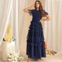 QMQA Fashion Women's Elegant Evening Dresses Round Neck Short Sleeve Spliced Ruffles Big Swing Banquet Dress 2026 New QM1138