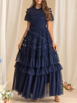 QMQA Fashion Women's Elegant Evening Dresses Round Neck Short Sleeve Spliced Ruffles Big Swing Banquet Dress 2026 New QM1138