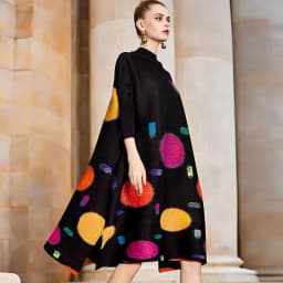 Pleated Colorful Print Dress 2022 Summer New Loose Half High Neck Long Dress Loose Fit Slight Strech