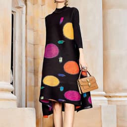 Pleated Colorful Print Dress 2022 Summer New Loose Half High Neck Long Dress Loose Fit Slight Strech