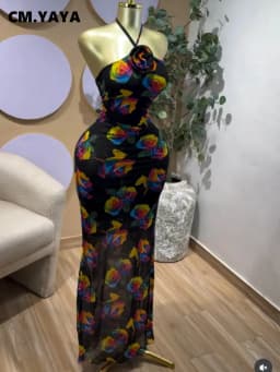 CM.YAYA Women's Elegant Floral Printed Halter Neck Sleeveless Maxi Dress | Evening Party Wedding Guest Prom Long Pencil Dresses