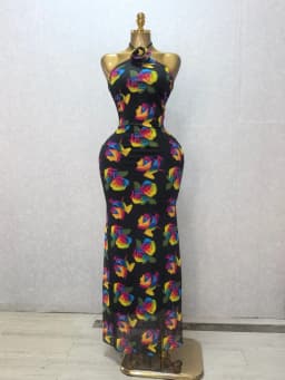 CM.YAYA Women's Elegant Floral Printed Halter Neck Sleeveless Maxi Dress | Evening Party Wedding Guest Prom Long Pencil Dresses