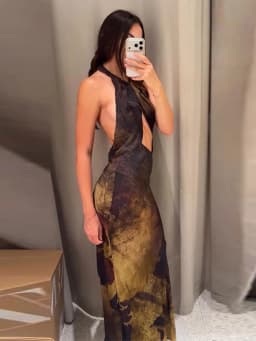 Gradient Printed Women's Maxi Dress Tie Halter Neck Front Chest Cut Out Midriff Hollow Full Bare Back Flared Fish Tail Skirt