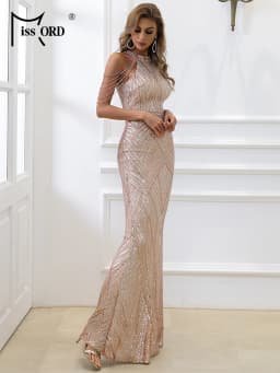 Missord Elegant Green Sequin Party Dress Women Halter Sleeveless Tassel Bodycon Wedding Prom Floor-Length Dresses Evening Gown