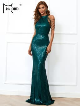 Missord Elegant Green Sequin Party Dress Women Halter Sleeveless Tassel Bodycon Wedding Prom Floor-Length Dresses Evening Gown
