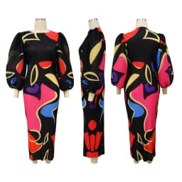 CM.YAYA Elegant Women Pleated Half Lantern Sleeve O-neck Slim Maxi Long Dress Print Fashion Autumn 2024 Ruched Dresses Vestidos