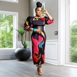 CM.YAYA Elegant Women Pleated Half Lantern Sleeve O-neck Slim Maxi Long Dress Print Fashion Autumn 2024 Ruched Dresses Vestidos