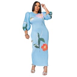 CM.YAYA Elegant Women Pleated Half Lantern Sleeve O-neck Slim Maxi Long Dress Print Fashion Autumn 2024 Ruched Dresses Vestidos