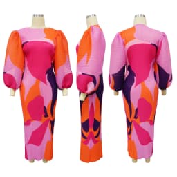CM.YAYA Elegant Women Pleated Half Lantern Sleeve O-neck Slim Maxi Long Dress Print Fashion Autumn 2024 Ruched Dresses Vestidos