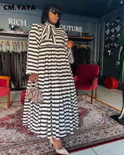 CM.YAYA Vintage Women Striped Bowknot Collar Long Sleeve High Waist Big Swing Babydoll Maxi Long Dress 2023 New Vestidos Dresses