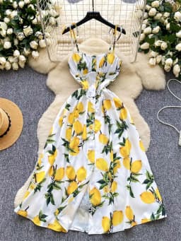SINGREINY Lemon Print Beach Midi Dress Summer Women Spaghetti Strap A line Backless Split Korean Bohemian Floral Sundress