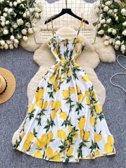 SINGREINY Lemon Print Beach Midi Dress Summer Women Spaghetti Strap A line Backless Split Korean Bohemian Floral Sundress