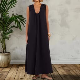 New Fashion Womens Summer Long Tank Dress Solid Color Sleeveless Scoop Neck Ruched Wide Shoulder Loose Dress S-XL