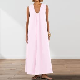New Fashion Womens Summer Long Tank Dress Solid Color Sleeveless Scoop Neck Ruched Wide Shoulder Loose Dress S-XL