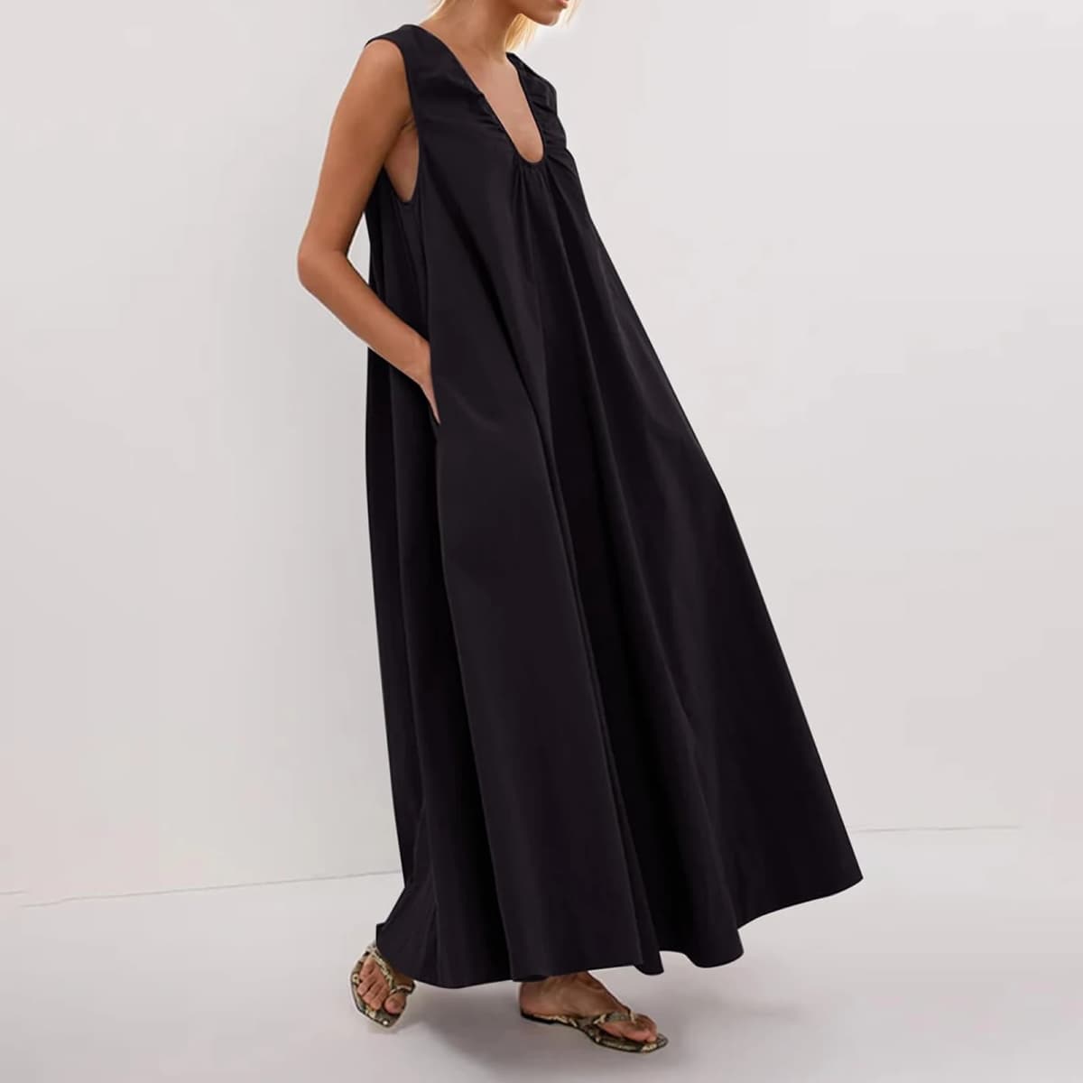 New Fashion Womens Summer Long Tank Dress Solid Color Sleeveless Scoop Neck Ruched Wide Shoulder Loose Dress S-XL