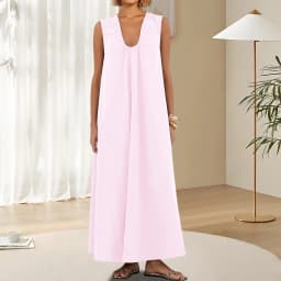 New Fashion Womens Summer Long Tank Dress Solid Color Sleeveless Scoop Neck Ruched Wide Shoulder Loose Dress S-XL